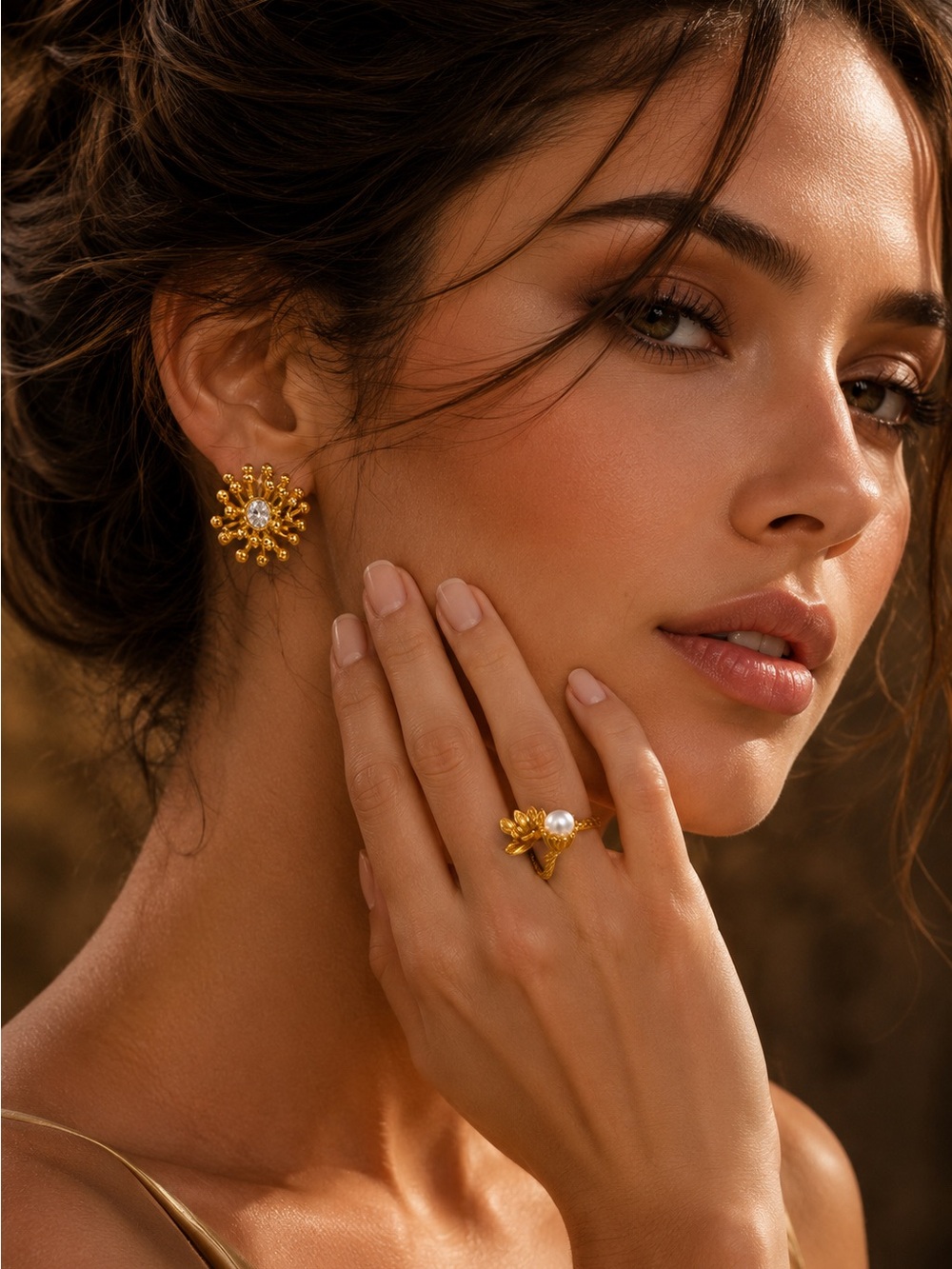 Vogue Gold tone Sunburst Cluster Stud Earrings with Clear Stone - Picture 7 of 7